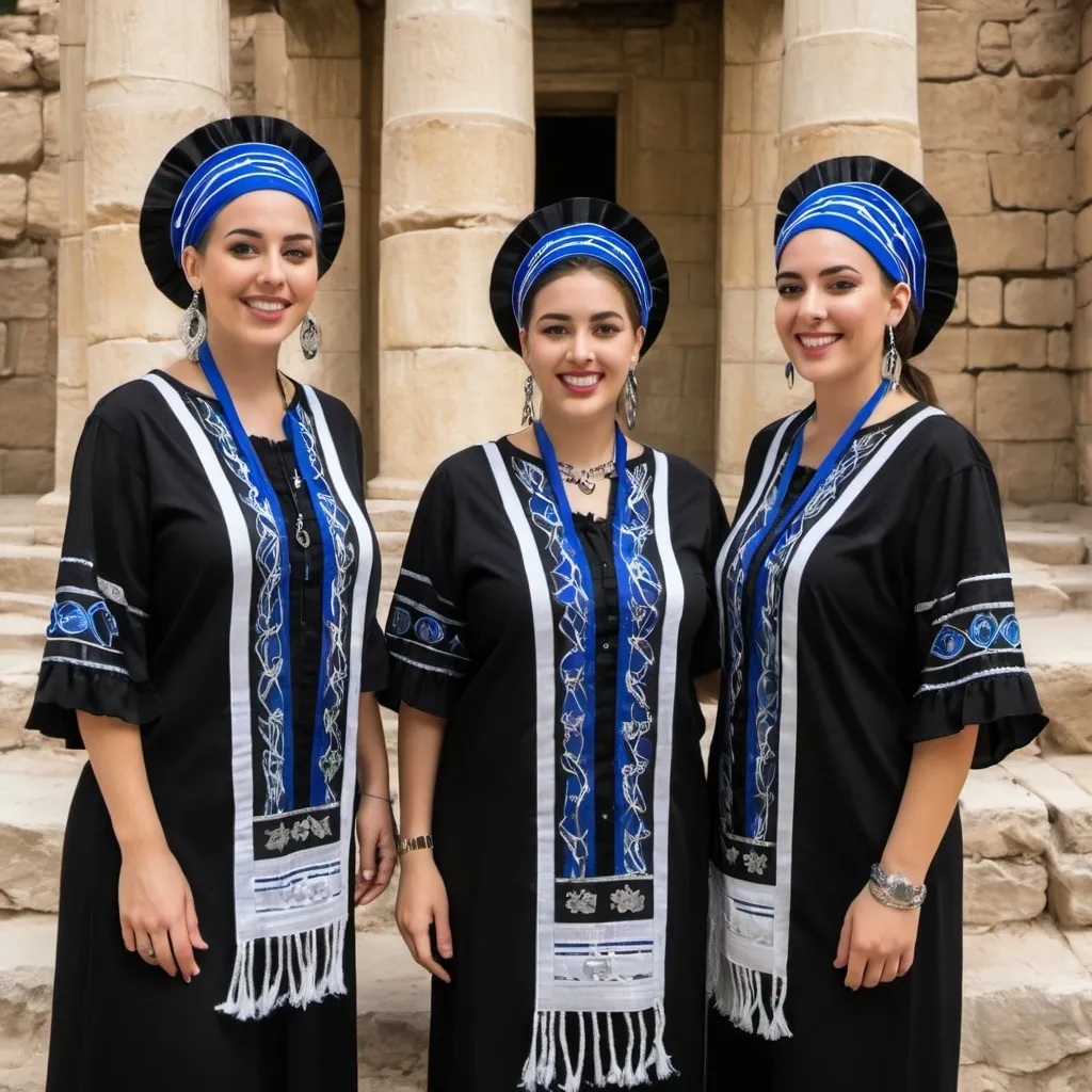 Prompt: 3 olive skin jewish women in fancy modest black elaborate embroided modest shirt with blue jewish symbols white fringes, fringes, torah ark covering, the 3 olive skin women have black bandanas, skirt has black jewish stripes prayer shawl and fringes, silver jewelry, nose piercings, standing on a biblical ruin,, leather sandals, fringes tzitzit, brown, silver, elaborate, black, headwrap 