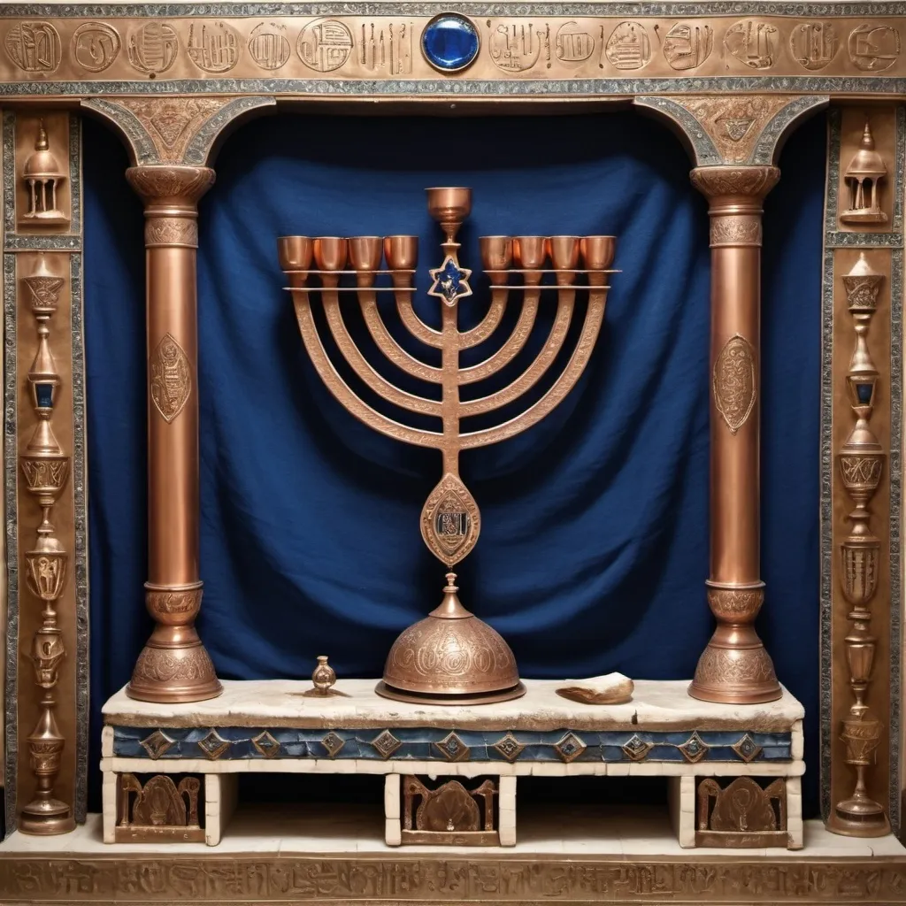 Prompt: elaborate embroided dark blue modest fringed dusty fringes white dress with jewish symbols on jewish women, torah ark covering ,on table, olive skin, elaborate, detailed, scrolls on table  embroided,  black jewish stripes and fringes and on women bandana fringes, big columns, brown leather ,  in Jerusalem and dead sea, detailed holy valves, mural, copper menorah, hebrew jewel crystals, copper fountain jewish symbols, ancient civilization, 5 menorahs on the floor jewish art, fringes, flowers, cultic, rituals, a papyrus scroll, dead sea view, mikve, fountain, spring pool, sunny day, gemstones, biblical immersion pool, female warrior, sofas, praying jews, pomegranate tree, ,next to the dead sea, landscape view,, in the style of a 19th century european realist painting
