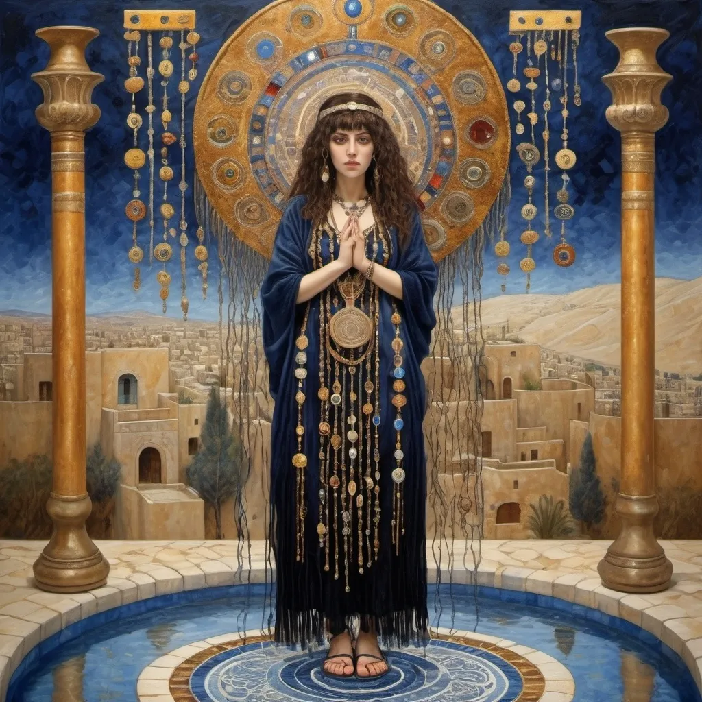 Prompt: elaborate abstract gustav klimt jugend painting, embroided dark blue modest fringed spiritual jewelry fringes white with jewish symbols on brown skinned jewish woman flying, magic fringes bandana, leather sandals, golden foot link, eyes torah ark covering, fringed skirt, smoke and steam coming from pottery ,alchemist, , elaborate, eyes, jewish, crystals growing, detailed, incense embroided, black jewish stripes and fringes and on women fringes, big columns, brown leather , in Jerusalem and dead sea, detailed holy valves,, hebrew crystals, fountain jewish symbols, ancient civilization, jewelry, shield and sword, jewish art, fringes, flowers, cultic, rituals, dead sea view, mikve, fountain, visual illusions, spring pool, sunny day, menorah, illusion, many warriors, smoke, hypnotic, gemstones, sculpture, biblical immersion pool, crystals, female warrior, praying jews, pomegranate tree, mystery, next to the dead sea, landscape view,, in the style of a gustav klimt painting, in the style of gustav klimt vienna secession painting
