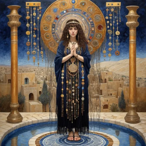 Prompt: elaborate abstract gustav klimt jugend painting, embroided dark blue modest fringed spiritual jewelry fringes white with jewish symbols on brown skinned jewish woman flying, magic fringes bandana, leather sandals, golden foot link, eyes torah ark covering, fringed skirt, smoke and steam coming from pottery ,alchemist, , elaborate, eyes, jewish, crystals growing, detailed, incense embroided, black jewish stripes and fringes and on women fringes, big columns, brown leather , in Jerusalem and dead sea, detailed holy valves,, hebrew crystals, fountain jewish symbols, ancient civilization, jewelry, shield and sword, jewish art, fringes, flowers, cultic, rituals, dead sea view, mikve, fountain, visual illusions, spring pool, sunny day, menorah, illusion, many warriors, smoke, hypnotic, gemstones, sculpture, biblical immersion pool, crystals, female warrior, praying jews, pomegranate tree, mystery, next to the dead sea, landscape view,, in the style of a gustav klimt painting, in the style of gustav klimt vienna secession painting
