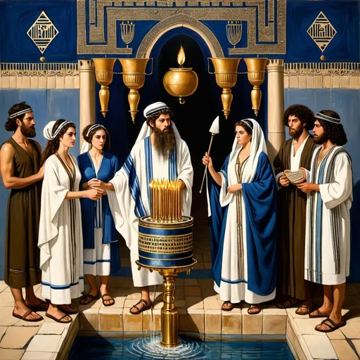 Prompt: elaborate embroided dark blue modest fringed dusty white dress with jewish symbols, torah ark covering, olive skin unhappy jewish couple with headwrap, kippa, and dark curly hair, jewish sidelocks, clothes with blue jewish stripes and fringes and black leather bands, brown leather sandals, man and woman is in jerusalem detailed holy valves dark wood gold fountain jewish symbols menorah, ancient civilization, jewish art, fringes, holding 7 armed candle menorah in left hand and sword in right hand, cultic, rituals, holding a papyrus scroll, mikve, fountain, spring pool, gemstones, biblical immersion pool, baptism in pool, in the style of a 19th century european realist painting