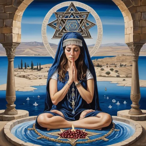 Prompt: elaborate painting embroided dark blue modest fringed spiritual jewelry fringes white with jewish symbols on jewish women meditating fringes, torah ark covering, smoke and steam coming from pottery ,meditation, , elaborate, eye, jewish, crystals growing, detailed, incense embroided, black jewish stripes and fringes and on women fringes, big columns, brown leather , in Jerusalem and dead sea, detailed holy valves,, hebrew crystals, fountain jewish symbols, ancient civilization, jewelry, shield and sword, jewish art, fringes, flowers, cultic, rituals, dead sea view, mikve, fountain, visual illusions, spring pool, sunny day, menorah, illusion, hypnotic, gemstones, sculpture, biblical immersion pool, crystals, female warrior, praying jews, pomegranate tree, ,next to the dead sea, landscape view,, in the style of a surrealist Salvador Dali painting, in the style of a magritte painting
