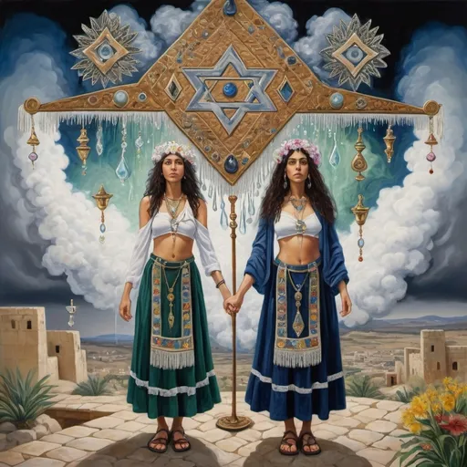 Prompt: elaborate surealism painting, embroided dark blue fringed spiritual jewelry fringes white with jewish symbols on two brown skinned mizrahi jewish women flying holding hands, magic fringes bandana, colorfull flowers and leaves floating in the green sky, rainy day, leather sandals, swords and bow and arrow with eyes, golden foot link, eyes torah ark covering, fringed striped skirt, smoke and steam coming from pottery ,alchemist, , gloating crown, elaborate, eyes, jewish, two women floating in space, crystals growing, detailed, standing on in jerusalem hill, incense embroided, black jewish clothing stripes and fringes and on 2 women, fringes, prayer shawl, in Jerusalem and dead sea, detailed holy valves, hebrew crystals, fountain jewish symbols, black hair olive skin, ancient civilization, jewelry, levitating, menorah, 2 women supporting eachother femenism, jewish art, fringes, flowers, cultic, rituals, dead sea view, visual illusions, spring pool, rain, menorah, illusion, jewish stars, smoke, hypnotic, gemstones, sculpture, biblical, clouds, crystals, warrior, praying jews, ancient mound, mystery, next to the dead sea, landscape view,, in the style of a surealist painting, in the style of klimt painting
