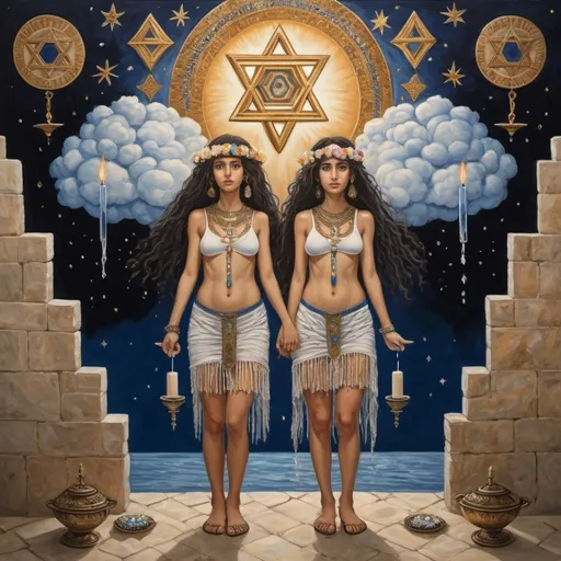 Prompt: elaborate surealism
painting, embroided dark blue fringed spiritual jewelry fringes white with jewish symbols on two brown skinned mizrahi jewish girls flying, magic fringes bandana, falling stars, leather sandals, golden foot link, eyes torah ark covering, fringed striped skirt, smoke and steam coming from pottery ,alchemist, , elaborate, eyes, jewish, two girls floating in space, crystals growing, detailed, standing on in jerusalem hill, incense embroided, black jewish stripes and fringes and on girls, fringes, prayer shawl, in Jerusalem and dead sea, detailed holy valves, hebrew crystals, fountain jewish symbols, black hair olive skin, ancient civilization, jewelry, levitating, menorah, jewish art, fringes, flowers, cultic, rituals, dead sea view, visual illusions, spring pool, sunset, menorah, illusion, jewish stars, smoke, hypnotic, gemstones, sculpture, biblical, clouds, crystals, warrior, praying jews, pomegranate tree, mystery, next to the dead sea, landscape view,, in the style of a surealist painting, in the style of klimt painting
