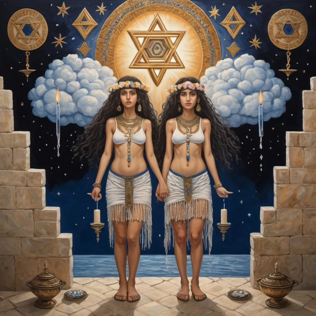 Prompt: elaborate surealism
painting, embroided dark blue fringed spiritual jewelry fringes white with jewish symbols on two brown skinned mizrahi jewish girls flying, magic fringes bandana, falling stars, leather sandals, golden foot link, eyes torah ark covering, fringed striped skirt, smoke and steam coming from pottery ,alchemist, , elaborate, eyes, jewish, two girls floating in space, crystals growing, detailed, standing on in jerusalem hill, incense embroided, black jewish stripes and fringes and on girls, fringes, prayer shawl, in Jerusalem and dead sea, detailed holy valves, hebrew crystals, fountain jewish symbols, black hair olive skin, ancient civilization, jewelry, levitating, menorah, jewish art, fringes, flowers, cultic, rituals, dead sea view, visual illusions, spring pool, sunset, menorah, illusion, jewish stars, smoke, hypnotic, gemstones, sculpture, biblical, clouds, crystals, warrior, praying jews, pomegranate tree, mystery, next to the dead sea, landscape view,, in the style of a surealist painting, in the style of klimt painting
