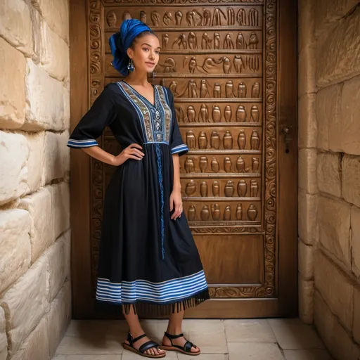 Prompt: elaborate embroided dark black modest dress with jewish symbols, torah ark covering, olive skin women with headwrap and dark hair. dress has blue jewish stripes and fringes, leather sandals, women is in jerusalem western wall vaults
