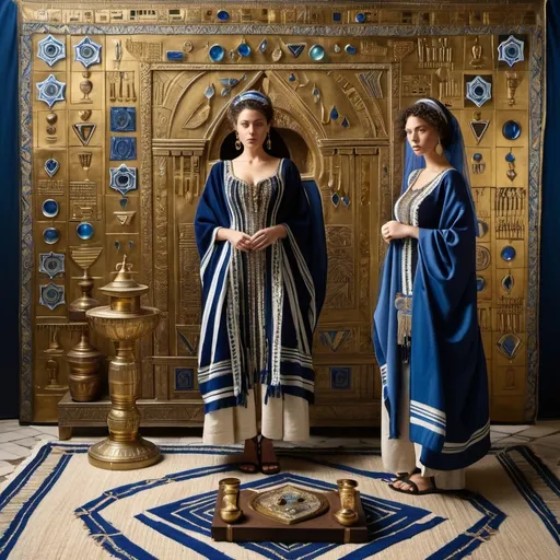 Prompt: elaborate embroided dark blue modest fringed dusty white dress with jewish symbols, torah ark covering, olive skin unhappy jewish couple with headwrap, kippa,  and dark curly hair, jewish sidelocks, clothes with blue jewish stripes and fringes and black leather bands, brown leather sandals, man and woman is in jerusalem detailed holy valves, several menorahs on floor, jewel crystals, gold fountain jewish symbols several small menorahs standing next to two jews,  ancient civilization, 5 menorahs on the floor jewish art, fringes, several 7 armed candle menorah standing beside couple, palms trees, flowers, cultic, rituals, holding a papyrus scroll, mikve, fountain, spring pool, gemstones, biblical immersion pool, sofas, praying jews, more menorah on the floor, in the style of a 19th century european realist painting 
