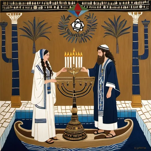 Prompt: elaborate embroided dark blue modest fringed dusty white dress with jewish symbols, torah ark covering, olive skin unhappy jewish couple with headwrap, kippa,  and dark curly hair, jewish sidelocks, clothes with blue jewish stripes and fringes and black leather bands, brown leather sandals, man and woman is in jerusalem detailed holy valves dark wood gold fountain jewish symbols menorah,  ancient civilization, jewish art, fringes, holding 7 armed candle menorah in hands, cultic, rituals, holding a papyrus scroll, mikve, fountain, spring pool, gemstones, biblical immersion pool, baptism in pool, in the style of a 19th century european realist painting 
