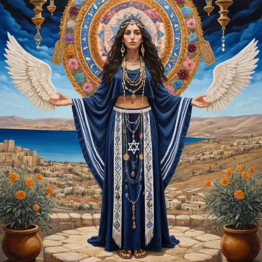 Prompt: elaborate surealism painting, embroided dark blue fringed spiritual jewelry fringes white with jewish symbols on two brown skinned mizrahi jewish women flying holding hands, magic fringes bandana, colorfull flowers and leaves floating in the sky, bright sunny day, leather sandals, wings with eyes in the sky, golden foot link, eyes torah ark covering, fringed striped skirt, smoke and steam coming from pottery ,alchemist, , elaborate, eyes, jewish, two women floating in space, crystals growing, detailed, standing on in jerusalem hill, incense embroided, black modesst jewish clothing stripes and fringes and on 2 women, fringes, prayer shawl, in Jerusalem and dead sea, detailed holy valves, hebrew crystals, fountain jewish symbols, black hair olive skin, ancient civilization, jewelry, levitating, menorah, jewish art, fringes, flowers, cultic, rituals, dead sea view, visual illusions, spring pool, sunset, menorah, illusion, jewish stars, smoke, hypnotic, gemstones, sculpture, biblical, clouds, crystals, warrior, praying jews, pomegranate tree, mystery, next to the dead sea, landscape view,, in the style of a surealist painting, in the style of klimt painting
