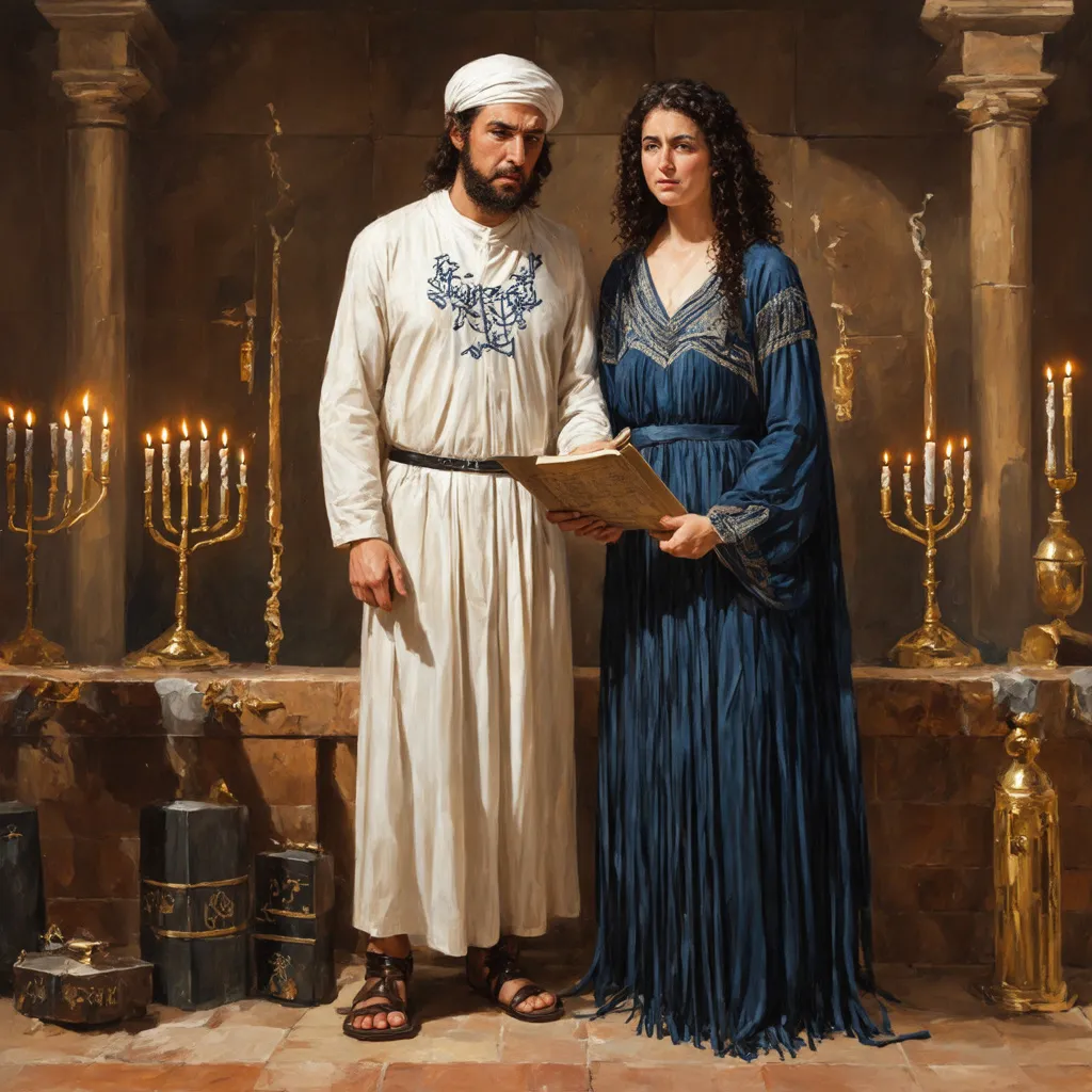 Prompt: elaborate embroided dark blue modest fringed dusty white dress with jewish symbols, torah ark covering, olive skin unhappy jewish couple with headwrap, kippa, and dark curly hair, jewish sidelocks, clothes with blue jewish stripes and fringes and black leather bands, brown leather sandals, man and woman is in jerusalem detailed holy valves, 5 menorahs on floor, jewel crystals, gold fountain jewish symbols several menorah, ancient civilization, 5 menorah on the floor jewish art, fringes, holding 7 armed candle menorah in hands, cultic, rituals, holding a papyrus scroll, mikve, fountain, spring pool, gemstones, biblical immersion pool, baptism in pool, more menorah on the floor, in the style of a 19th century european realist painting
