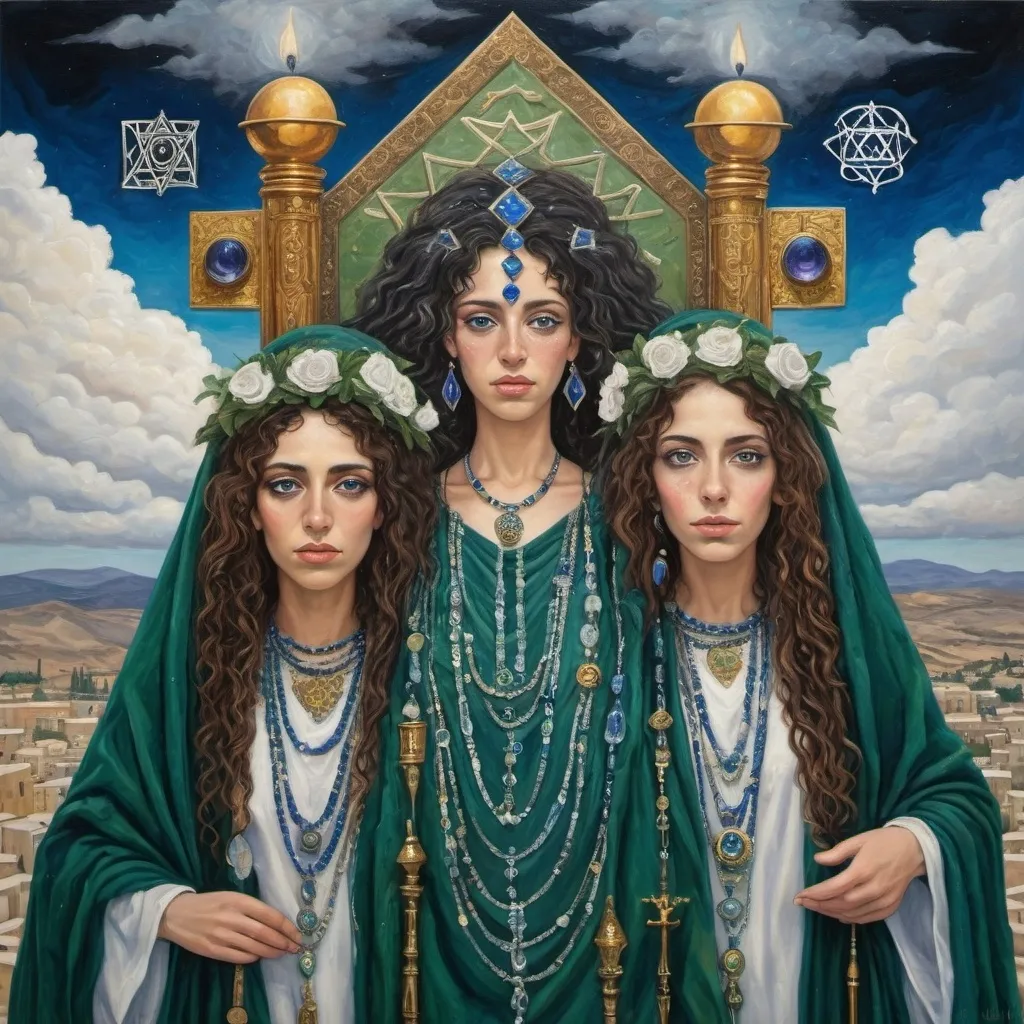 Prompt: elaborate surealism emerald klimt painting, embroided dark blue fringed spiritual jewelry fringes white with jewish symbols on two brown skinned mizrahi jewish women flying laying holding hands, magic fringes jewish cotton bandana, knives and spears floating in the green sky, rainy day, leather sandals, swords and bow and arrow with eyes, golden foot link, geologic wild growing crystals, eyes torah ark covering, fringed striped skirt, smoke and steam coming from sculpture,alchemist, floating crown, painting, sky is green, elaborate, davids slung, lapiz lazuli table, amethyst, eyes, jewish, two women floating in space, crystals growing, detailed, standing on in jerusalem hill, incense embroided, black jewish clothing stripes and fringes and on 2 women, blue and white linen with fringes, prayer shawl, in Jerusalem and dead sea, detailed holy valves, hebrew crystals, torah scroll, fountain jewish symbols, curly hair olive skin, ancient civilization, jewelry, shabbat dinner table, levitating, menorah, 2 women supporting each-other feminism, glitter, shining art, jewish art, fringes, flowers, cultic, rituals, dead sea view, visual illusions, spring pool, rain, menorah, torah scroll, illusion, jewish stars, smoke, hypnotic, gemstones, sculpture, biblical, clouds, crystals, warrior, praying jews, ancient mound, mystery, next to the dead sea, landscape view,, in the style of a surrealist painting, in the style of klimt painting
