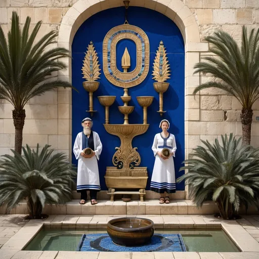 Prompt: elaborate embroided dark blue modest fringed dusty white dress with jewish symbols, torah ark covering, olive skin unhappy jewish couple with headwrap, kippa,  and dark curly hair, jewish sidelocks, clothes with blue jewish stripes and fringes and black leather bands, brown leather sandals, man and woman is in jerusalem detailed holy valves, copper menorah, jewel crystals, coppet fountain jewish symbols several small menorahs standing next to two jews,  ancient civilization, 5 menorahs on the floor jewish art, fringes, several 7 armed candle menorah standing beside couple, palms trees, flowers, cultic, rituals, holding a papyrus scroll, mikve, fountain, spring pool, gemstones, biblical immersion pool, sofas, praying jews, bushes, date palm, blue flowers, in the style of a 19th century european realist painting 
