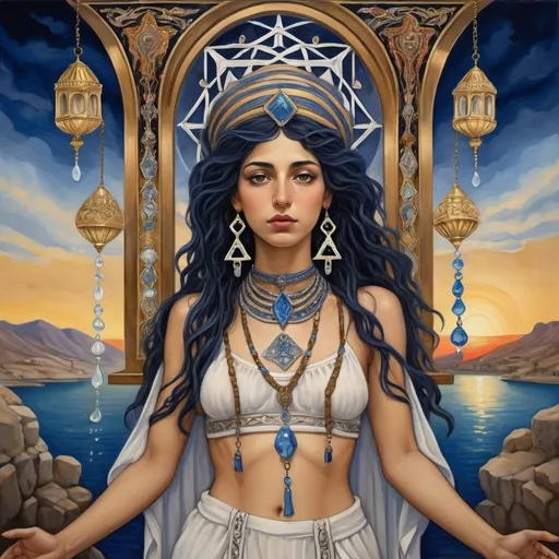 Prompt: elaborate Art Nouveau
painting, embroided dark blue fringed spiritual jewelry fringes white with jewish symbols on brown skinned mizrahi jewish woman flying, magic fringes bandana, sunset, leather sandals, golden foot link, eyes torah ark covering, fringed striped skirt, smoke and steam coming from pottery ,alchemist, , elaborate, eyes, jewish, women floating in space, crystals growing, detailed, standing on in jerusalem hill, incense embroided, black jewish stripes and fringes and on women fringes, prayer shawl, in Jerusalem and dead sea, detailed holy valves, hebrew crystals, fountain jewish symbols, black hair olive skin, ancient civilization, jewelry, levitating, menorah, jewish art, fringes, flowers, cultic, rituals, dead sea view, visual illusions, spring pool, sunset, menorah, illusion, jewish stars, smoke, hypnotic, gemstones, sculpture, biblical, clouds, crystals, female warrior, praying jews, pomegranate tree, mystery, next to the dead sea, landscape view,, in the style of a Art Nouveau painting, in the style of Art Nouveau painting
