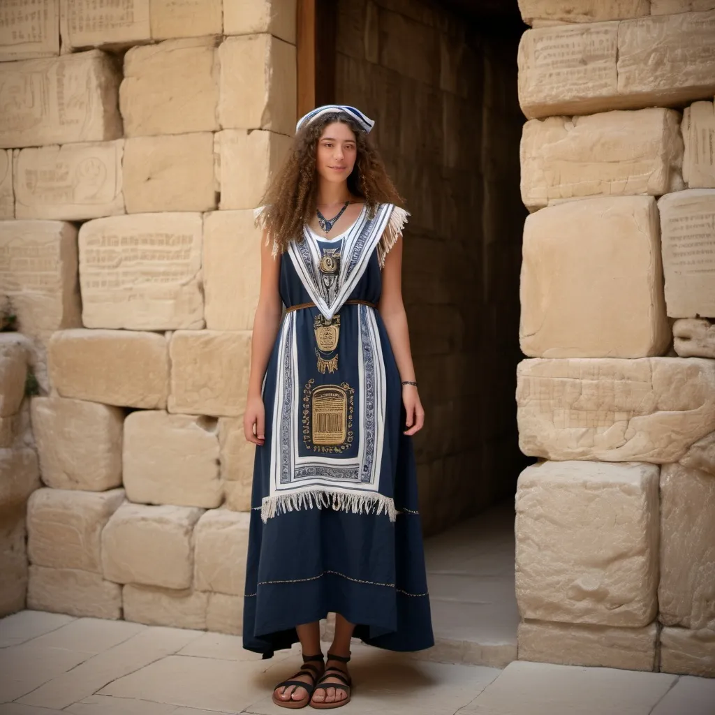 Prompt: elaborate embroided dark modest dress with jewish symbols, torah ark covering, olive skin women with bandana and curly hair. dress has jewish stripes and fringes, leather sandals, women is in jerusalem western wall
