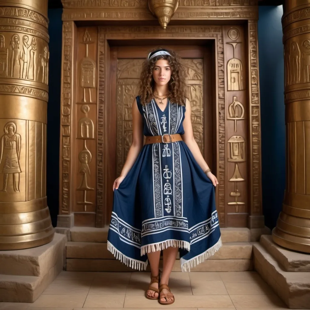 Prompt: dark blue elaborate embroided dress with jewish symbols, torah ark covering, olive skin women with bandana and curly hair. dress has jewish stripes and fringes, brown leather sandals, women is in a ancient temple, wearing biblical leather sandals
