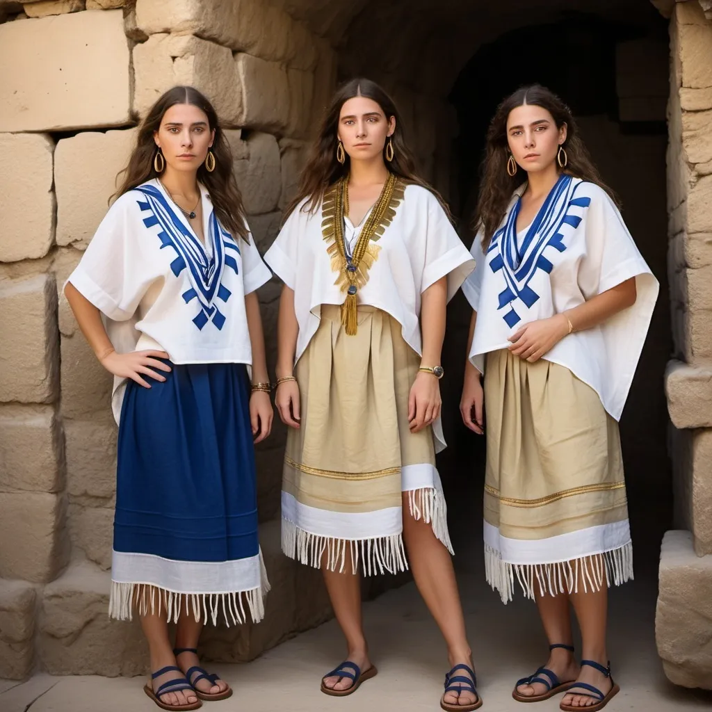 Prompt: 3 olive skin jewish women in trendy casual elaborate embroided modest shirt with dark blue jewish symbols white fringes, fringes, torah ark covering, the 3 olive skin women have blue bandanas, skirt has jewish stripes prayer shawl and fringes, gold jewelry, nose piercings, standing on a biblcial ruin, leather sandals, fringes tzitzit, brown, green, gold, elaborate, beige
