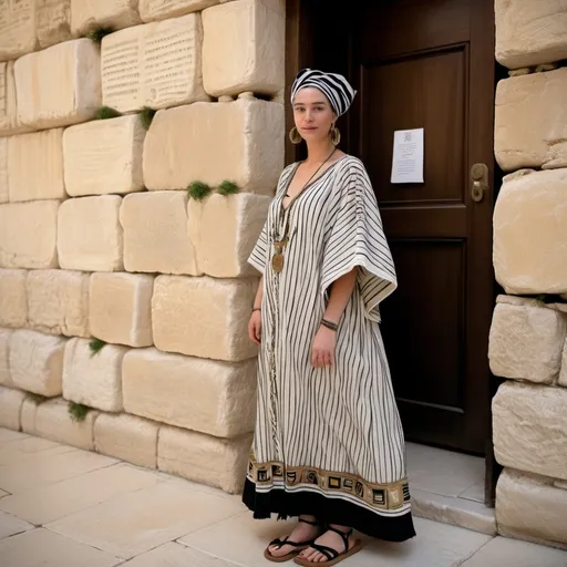 Prompt: elaborate jewish embroided black striped modest dress with jewish symbols, torah ark covering, olive skin women with headwrap shawl, no hair, dress has jewish pattern and fringes, leather sandals, women is in jerusalem western wall, stripes, fringes, haredi, hassidic
