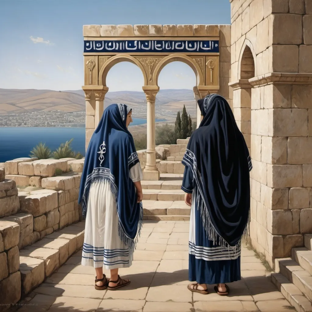 Prompt: in the style of detailed 19th century romantic painting, 2 sad women, elaborate embroided dark blue modest fringed dusty white dress with jewish symbols, torah ark covering, fountains of tears, 2 sad olive skin jewish women crying, with jewish turban, clothes with blue jewish stripes and fringes and black leather bands, brown leather sandals, 2 jewish women mourning in Tiberias, detailed art jewish symbols menorah arch gate, ancient civilization, jewish art, fringes, cultic, rituals,  gemstones, mirrors, crystals, water, jewish banners,, pool on a hilltop, ancient civilization, jewish art, fringes, cultic, rituals,  gemstones, mirrors, crystals, water, jewish banners,, pool on a hilltop, in the style of a 19th century detailed european romantic painting
 
