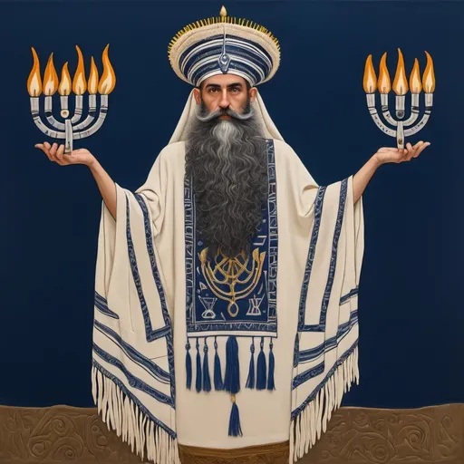Prompt: elaborate embroided dark blue modest fringed dusty white dress with jewish symbols, torah ark covering, olive skin unhappy jewish couple with headwrap, kippa,  and dark curly hair, jewish sidelocks, clothes with blue jewish stripes and fringes and black leather bands, brown leather sandals, couple is in jerusalem detailed holy valves dark wood gold fountain jewish symbols menorah,  ancient civilization, jewish art, fringes, holding 7 armed candle menorah in hands, cultic, rituals, holding a papyrus scroll, mikve, fountain, spring pool, biblical immersion pool, in the style of a 19th century european realist painting
