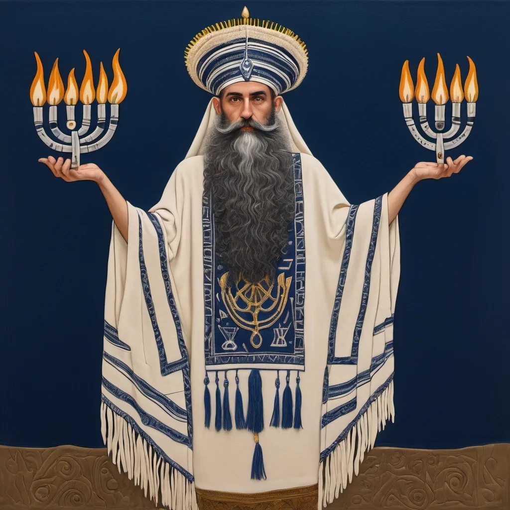 Prompt: elaborate embroided dark blue modest fringed dusty white dress with jewish symbols, torah ark covering, olive skin unhappy jewish couple with headwrap, kippa,  and dark curly hair, jewish sidelocks, clothes with blue jewish stripes and fringes and black leather bands, brown leather sandals, couple is in jerusalem detailed holy valves dark wood gold fountain jewish symbols menorah,  ancient civilization, jewish art, fringes, holding 7 armed candle menorah in hands, cultic, rituals, holding a papyrus scroll, mikve, fountain, spring pool, biblical immersion pool, in the style of a 19th century european realist painting
