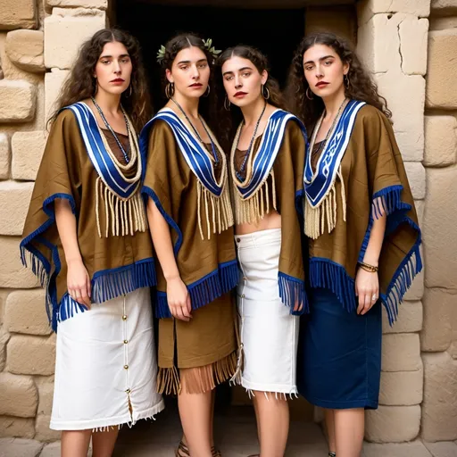 Prompt: 3 olive skin jewish women in trendy casual elaborate embroided brown modest shirt with dark blue jewish symbols white fringes, fringes, torah ark covering, the 3 olive skin women have blue bandanas, skirt has jewish stripes prayer shawl and fringes, gold jewelry, nose piercings, standing on a biblcial ruin, leather sandals, fringes tzitzit, brown, green, gold, elaborate, beige
