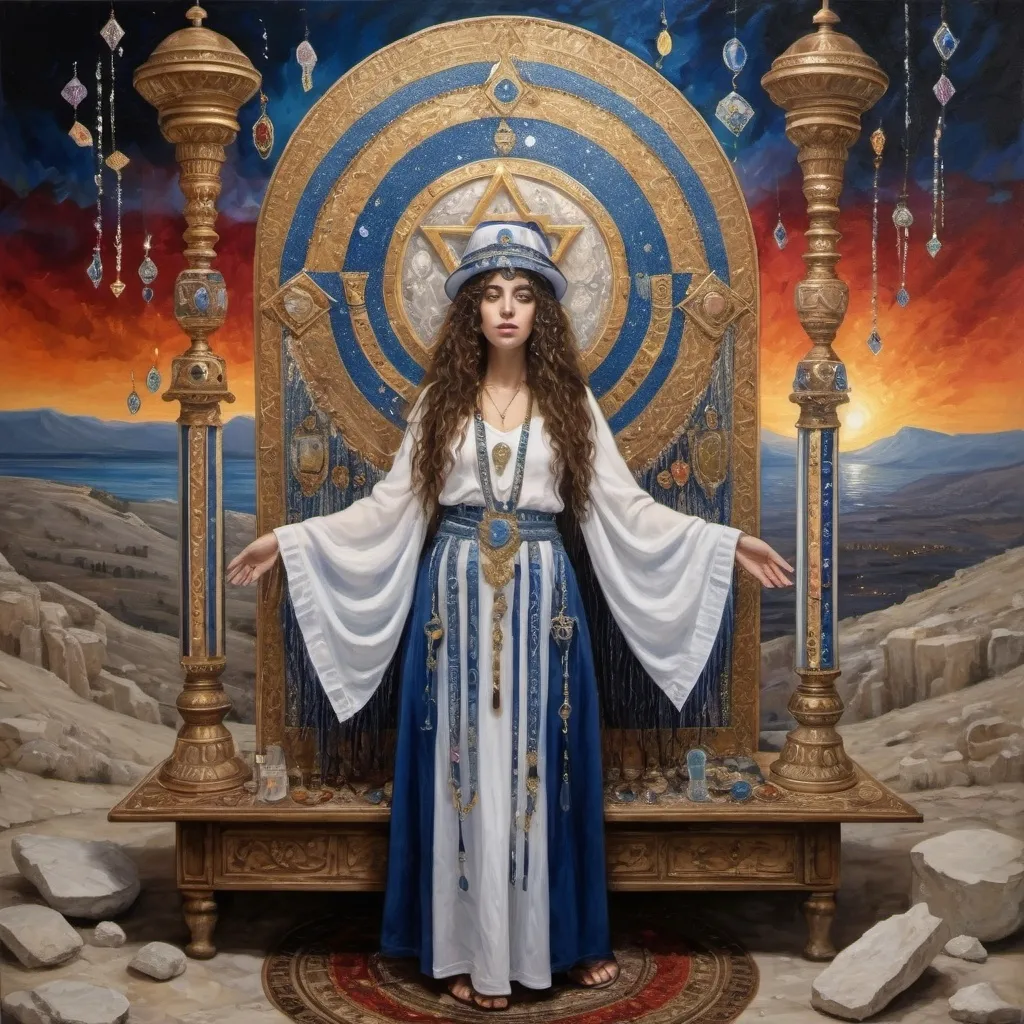 Prompt: elaborate surealism silvery klimt painting, embroided dark blue fringed spiritual jewelry fringes white with jewish symbols on two brown skinned mizrahi jewish women flying laying holding hands, magic fringes jewish hat, knives and spears floating in the red sunset sky, rainy day, leather sandals, swords and bow and arrow with eyes, golden foot link, geologic wild growing crystals, eyes torah ark covering, fringed striped skirt, smoke and steam coming from sculpture,alchemist, floating crown, painting, sky is stormy rainy, elaborate, davids slung, lapiz lazuli pillars, amethyst, eyes, jewish, two women floating in space, crystals growing, detailed, standing on in jerusalem hill, incense embroided, black jewish clothing stripes and fringes and on 2 women, blue and white linen with fringes, prayer shawl, in Jerusalem and dead sea, jupiter, detailed holy valves, hebrew crystals, torah scroll, fountain jewish symbols, curly hair olive skin, ancient civilization, jewelry, shabbat dinner table, levitating, menorah, 2 women supporting each-other feminism, glitter on table, shining art, jewish art, fringes, flowers, cultic, rituals, dead sea view, visual illusions, spring pool, meteor, menorah, torah scroll, illusion, jewish stars, smoke, hypnotic, gemstones, sculpture, biblical, clouds, crystals, warrior, praying jews, ancient mound, mystery, next to the dead sea, landscape view,, in the style of a surrealist painting, in the style of klimt painting
