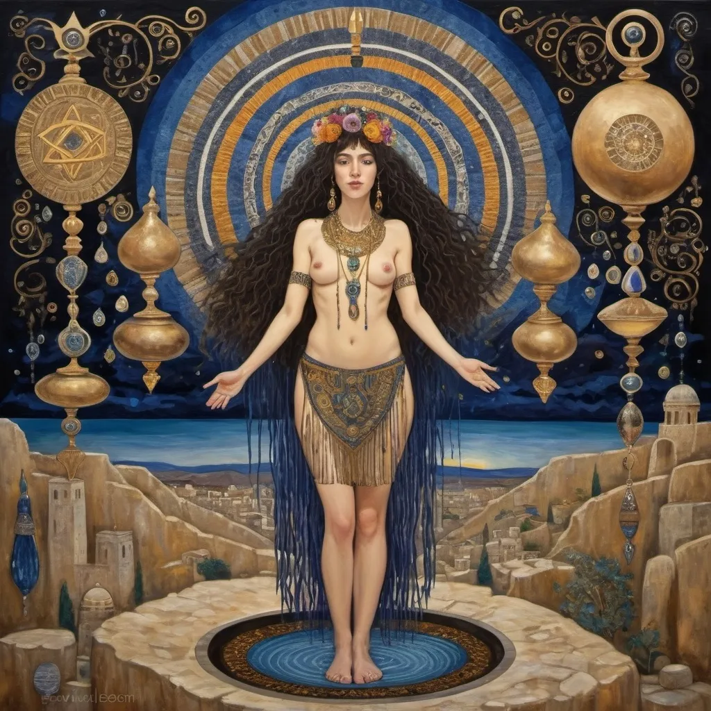 Prompt: elaborate abstract gustav klimt jugend painting, embroided dark blue fringed spiritual jewelry fringes white with jewish symbols on brown skinned mizrahi jewish woman flying, magic fringes bandana, leather sandals, golden foot link, eyes torah ark covering, fringed striped skirt, smoke and steam coming from pottery ,alchemist, , elaborate, eyes, jewish, women floating in space, crystals growing, detailed, standing on in jerusalem hill, incense embroided, black jewish stripes and fringes and on women fringes, in Jerusalem and dead sea, detailed holy valves, hebrew crystals, fountain jewish symbols, black hair olive skin, ancient civilization, jewelry, levitating, menorah, jewish art, fringes, flowers, cultic, rituals, dead sea view, mikve, fountain, visual illusions, spring pool, sunset, menorah, illusion, jewish stars, smoke, hypnotic, gemstones, sculpture, biblical immersion pool, clouds, crystals, female warrior, praying jews, pomegranate tree, mystery, next to the dead sea, landscape view,, in the style of a gustav klimt painting, in the style of gustav klimt vienna secession painting
