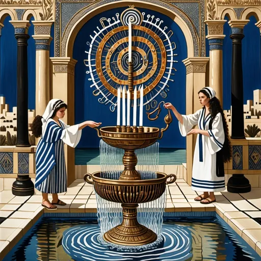 Prompt: elaborate embroided dark blue modest fringed dusty white dress with jewish symbols, torah ark covering, olive skin unhappy jewish couple with headwrap, kippa,  and dark curly hair, jewish sidelocks, clothes with blue jewish stripes and fringes and black leather bands, brown leather sandals, man and woman is in jerusalem detailed holy valves dark wood gold fountain jewish symbols menorah,  ancient civilization, jewish art, fringes, holding 7 armed candle menorah in hands, cultic, rituals, holding a papyrus scroll, mikve, fountain, spring pool, gemstones, biblical immersion pool, baptism in pool, in the style of a 19th century european realist painting 
