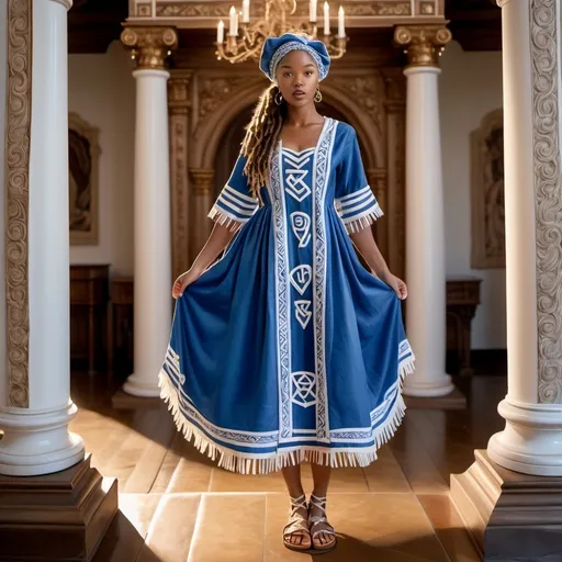 Prompt: mystic elaborate embroided blue dress with jewish symbols, torah ark covering, olive skin women with headwrap and curly hair. dress has white jewish stripes and fringes, brown leather sandals, women is in a ancient sandstone jewish temple, wearing biblical leather sandals, fringes
