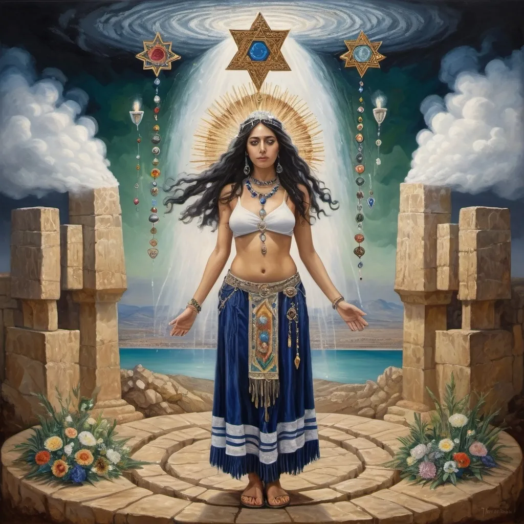 Prompt: elaborate surealism painting, embroided dark blue fringed spiritual jewelry fringes white with jewish symbols on two brown skinned mizrahi jewish women flying holding hands, magic fringes bandana, colorfull flowers and leaves floating in the green sky, rainy day, leather sandals, swords and bow and arrow with eyes, golden foot link, eyes torah ark covering, fringed striped skirt, smoke and steam coming from pottery ,alchemist, , gloating crown, elaborate, eyes, jewish, two women floating in space, crystals growing, detailed, standing on in jerusalem hill, incense embroided, black jewish clothing stripes and fringes and on 2 women, fringes, prayer shawl, in Jerusalem and dead sea, detailed holy valves, hebrew crystals, fountain jewish symbols, black hair olive skin, ancient civilization, jewelry, levitating, menorah, 2 women supporting eachother femenism, jewish art, fringes, flowers, cultic, rituals, dead sea view, visual illusions, spring pool, rain, menorah, illusion, jewish stars, smoke, hypnotic, gemstones, sculpture, biblical, clouds, crystals, warrior, praying jews, ancient mound, mystery, next to the dead sea, landscape view,, in the style of a surealist painting, in the style of klimt painting
