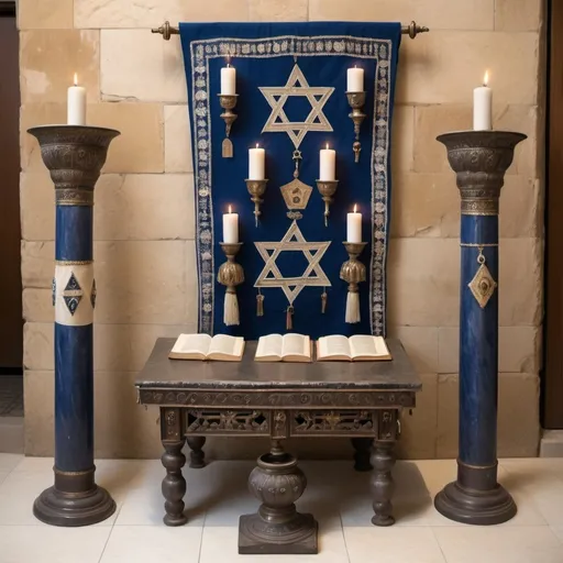 Prompt: elaborate embroided dark blue modest fringed dusty white dress with jewish symbols, torah ark covering, olive skin unhappy jews with headwrap, kippa, and dark curly hair, jewish sidelocks, clothes with blue jewish stripes and fringes and black leather bands, brown leather sandals,  in jerusalem detailed holy valves, copper menorah, jewel crystals, copper fountain jewish symbols, 4 smalll candlestick menorahs standing in a row next to two jews, ancient civilization, 5 menorahs on the floor jewish art, fringes,palms trees, flowers, cultic, rituals, holding a papyrus scroll, mikve, fountain, spring pool, gemstones, biblical immersion pool, sofas, praying jews, bushes, date palm, blue flowers, in the style of a 19th century european realist painting
