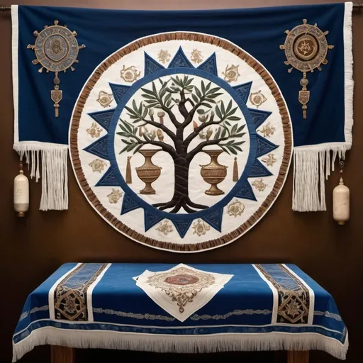 Prompt: hypnotic elaborate embroided dark blue modest fringed dusty totem shield fringes white dress with jewish symbols on jewish women, torah ark covering ,on table, olive skin, elaborate, detailed, incense on table  embroided,  black jewish stripes and fringes and on women bandana fringes, big columns, brown leather ,  in Jerusalem and dead sea, detailed holy valves, cloth quilt, copper, hebrew jewel crystals, fountain jewish symbols, ancient civilization,  shield jewish art, fringes, flowers, cultic, rituals, a papyrus scroll, dead sea view, mikve, fountain, spring pool, sunny day, illusion, hypnotic, gemstones, sculpture, biblical immersion pool, female warrior, low sofas, praying jews, pomegranate tree, ,next to the dead sea, landscape view,, in the style of a 19th century european realist painting
