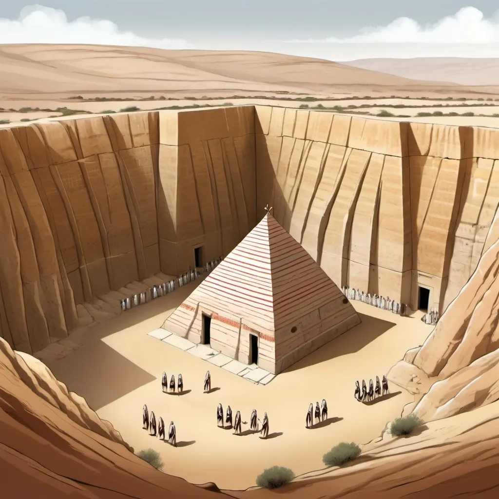 Prompt: tomb of absalon, maktesh negev desert , 3 jewish olive skinned  men and women warriors in traditonal jewish striped biblical warrior clothing, and large jewish tomb in the middle of canyon, tomb with tall conical roof,  tomb of absalon in canyon, illustration, tomb of absalon