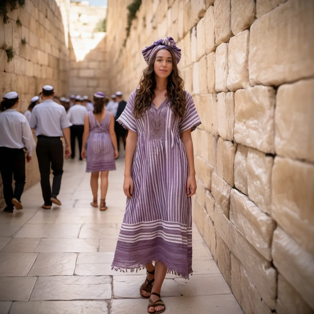 Prompt: elaborate embroided faded purple striped modest dress with jewish symbols, torah ark covering, olive skin women with headwrap shawl and dark curly hair, dress has jewish stripes and fringes, leather sandals, women is in jerusalem western wall, stripes, fringes
