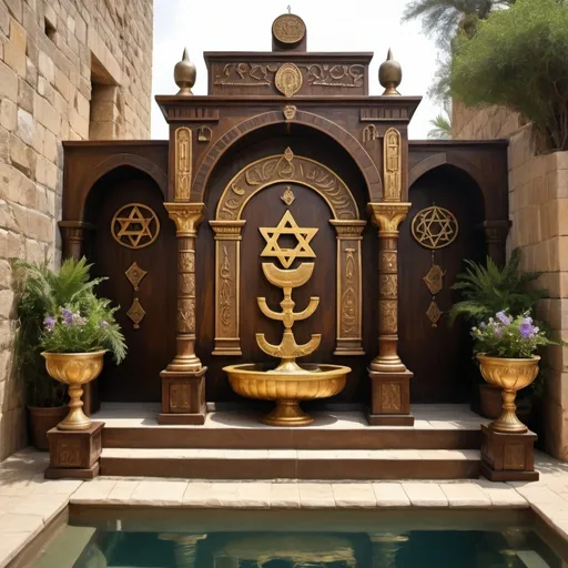 Prompt: two female priestess jewish symbols and fringes dress on top of temple, mountain top,  torah ark covering, olive skin unhappy jewish lesbian women with headwrap, kippa, and dark curly hair, top of castle, in Tiberias, long stairs, brown leather sandals, lesbian women are in detailed jewish arch sun altar, dark wood gold fountain jewish symbols menorah, ancient civilization, jewish art, fringes, cultic, rituals, holding one another, mikve, sofas, lounge area in synagouge, potted flowers, fountain, spring pool, hanging garden, gemstones, biblical immersion pool, baptism in pool, in the style of a 19th century european realist painting
