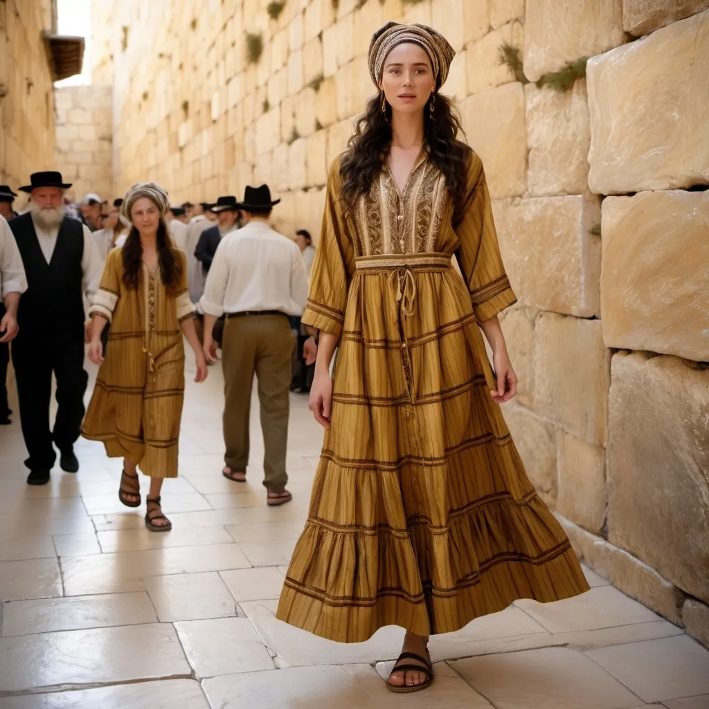 Prompt: elaborate jewish embroided earthy golden striped modest dress with jewish symbols, torah ark covering, olive skin women with headwrap shawl and dark curly hair, dress has jewish stripes and fringes, leather sandals, women is in jerusalem western wall, stripes, fringes, much gold jewelry
