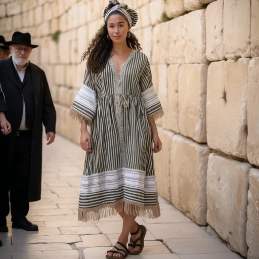 Prompt: elaborate embroided faded black striped modest dress with jewish symbols, torah ark covering, olive skin women with headwrap shawl and dark curly hair, dress has jewish stripes and fringes, leather sandals, women is in jerusalem western wall, stripes, fringes
