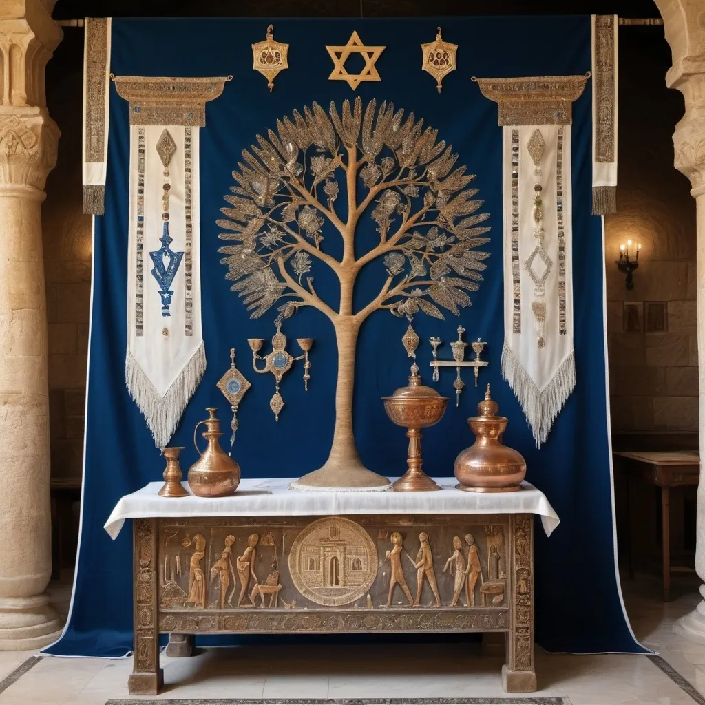 Prompt: elaborate embroided dark blue modest fringed dusty fringes white dress with jewish symbols on jewish women, torah ark covering ,on table, olive skin, elaborate, detailed, incense on table  embroided,  black jewish stripes and fringes and on women bandana fringes, big columns, brown leather ,  in Jerusalem and dead sea, detailed holy valves, mural, copper, hebrew jewel crystals, copper fountain jewish symbols, ancient civilization,   jewish art, fringes, flowers, cultic, rituals, a papyrus scroll, dead sea view, mikve, fountain, spring pool, sunny day, gemstones, biblical immersion pool, female warrior, sofas, praying jews, pomegranate tree, ,next to the dead sea, landscape view,, in the style of a 19th century european realist painting
