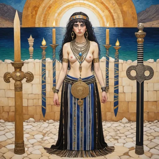 Prompt: elaborate abstract gustav klimt jugend painting, embroided dark blue fringed spiritual modest jewelry fringes white with jewish symbols on brown skinned mizrahi modest jewish woman knight fighting war in striped blue and white fringed modest jewish armor shirt, magic swords in their hands, warrior women in bandana, leather sandals, menorah star of david swords, golden jewish swords, eyes torah ark covering, fringed striped modest skirt, smoke and steam coming from pottery ,3 women fighting war, jewish shield, jewish weapon, pulling sword from the earth, , black hair, elaborate israeli , eyes, jewish, crystals growing, detailed, standing on in jerusalem hill, pink and green jewish sky, ancient soldiers, swimming, incense embroided, black jewish stripes clothing and fringes and on women fringes, big columns, in Jerusalem and dead sea, detailed holy valves,, hebrew 3 women fighting war and 1 on the ground kissing the earth fountain jewish symbols, ancient civilization, jewelry, menorah, jewish art, fringes, flowers, cultic, rituals, dead sea view, mikve, fountain, visual illusions, knives laying down, spring pool, sunset, menorah, illusion, knives on the ground, jewish stars, smoke, hypnotic, beauty, in the dead seagemstones, sculpture, biblical immersion pool, 3 women fighting war elaborate and 1 on the ground kissing the earth, female warrior, praying jews, war battle, swords in ground, mystery, next to the dead sea, landscape view,, in the style of a gustav klimt surealism painting, in the style of gustav klimt vienna surealist painting
