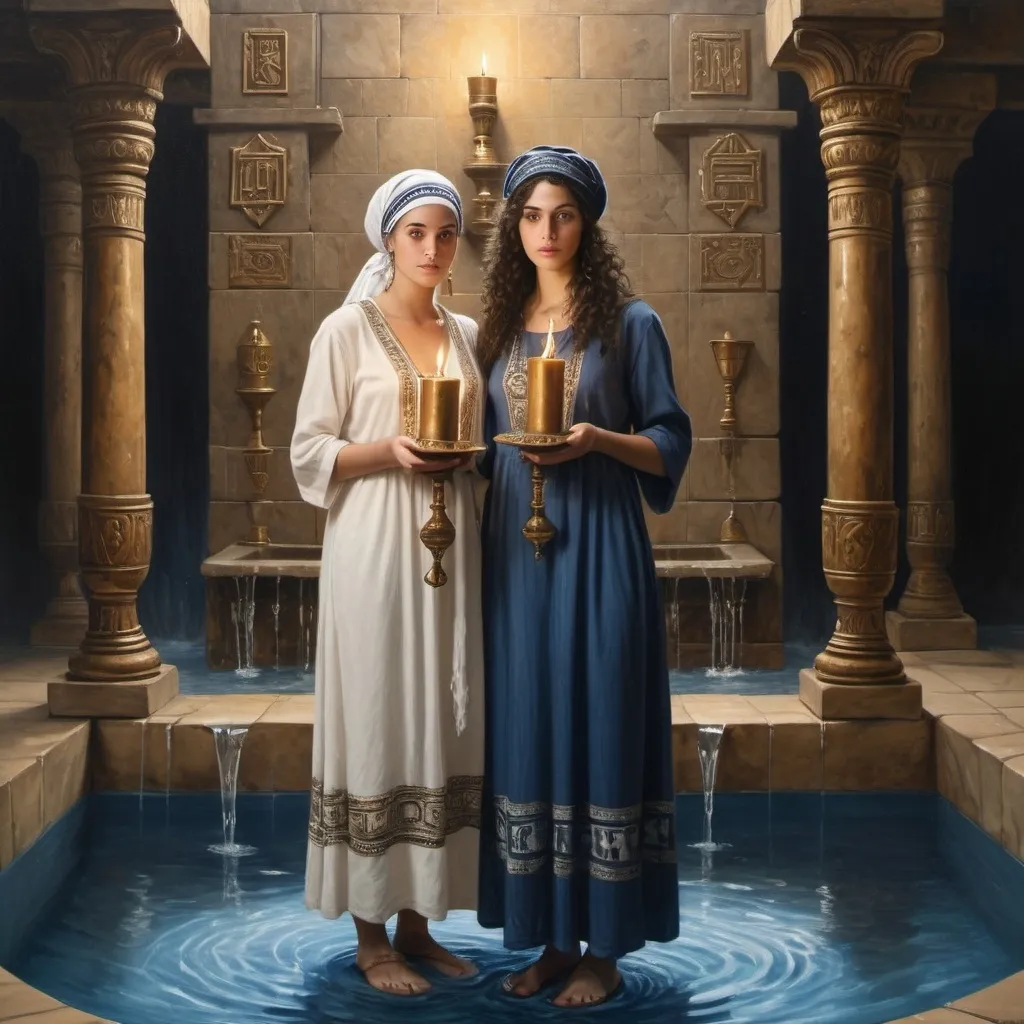 Prompt: elaborate embroided dark blue modest fringed dusty white dress with jewish symbols, torah ark covering, olive skin unhappy jewish lesbian women with headwrap, kippa, and dark curly hair, large room in temple, clothes with blue jewish stripes and fringes and black leather bands, brown leather sandals, lesbian women are in waterfall detailed holy valves dark wood gold fountain jewish symbols menorah, ancient civilization, jewish art, fringes, holding 7 armed candle menorah in left hand and bronze knife in right hand, cultic, rituals, holding one another, mikve, fountain, spring pool, gemstones, biblical immersion pool, baptism in pool, in the style of a 19th century european realist painting
