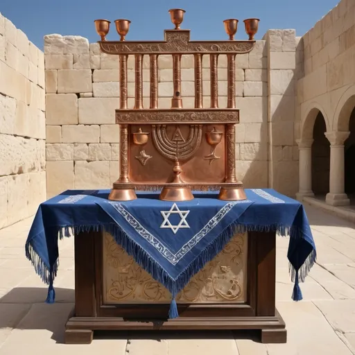 Prompt: elaborate embroided dark blue modest fringed dusty fringes white dress with jewish symbols on jewish women, torah ark covering ,on table, olive skin, elaborate, detailed, scrolls incense on table  embroided,  black jewish stripes and fringes and on women bandana fringes, big columns, brown leather ,  in Jerusalem and dead sea, detailed holy valves, mural, copper menorah, hebrew jewel crystals, copper fountain jewish symbols, ancient civilization, 5 menorahs on the floor jewish art, fringes, flowers, cultic, rituals, a papyrus scroll, dead sea view, mikve, fountain, spring pool, sunny day, gemstones, biblical immersion pool, female warrior, sofas, praying jews, pomegranate tree, ,next to the dead sea, landscape view,, in the style of a 19th century european realist painting
