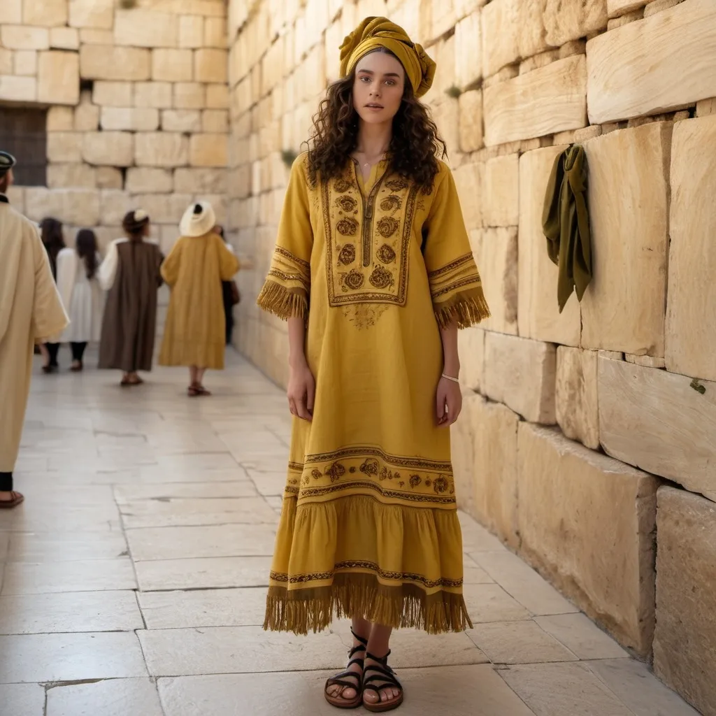 Prompt: elaborate embroided faded yellow modest dress with jewish symbols, torah ark covering, olive skin women with headwrap shawl and dark curly hair, dress has jewish stripes and fringes, leather sandals, women is in jerusalem western wall
