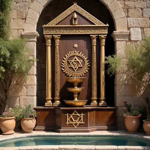 Prompt: two female priestess jewish symbols and fringes dress on top of temple, mountain top,  torah ark covering, olive skin unhappy jewish lesbian women with headwrap, kippa, and dark curly hair, top of castle, in Tiberias, long stairs, brown leather sandals, lesbian women are in detailed jewish arch sun altar, dark wood gold fountain jewish symbols menorah, ancient civilization, jewish art, fringes, cultic, rituals, holding one another, mikve, sofas, lounge area in synagouge, potted flowers, fountain, spring pool, hanging garden, gemstones, biblical immersion pool, baptism in pool, in the style of a 19th century european realist painting
