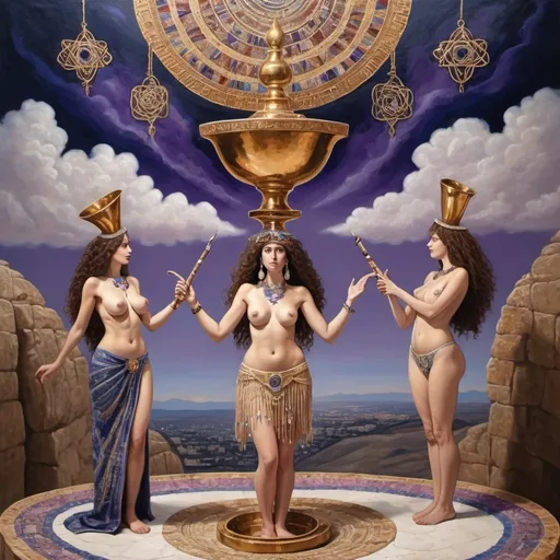 Prompt: elaborate surealism rose gold klimt painting, embroided dark blue fringed spiritual jewelry fringes white with jewish symbols on two brown skinned mizrahi jewish women flying laying holding hands trumpet, magic fringes jewish symbols scrolls, knives and spears floating in the lightning purple sky, leather sandals, swords and bow and arrow with eyes, shofar horn, biblical rock cut tombs, eyes torah ark covering, fringed striped skirt, , alchemist, floating ibex horns shofar, painting, sky is burgundy elaborate, ancient pool, davids slung, lapiz lazuli animal horn, pillars, amethyst, eyes, jewish, two women floating in space blowing a horn, crystals growing, detailed, standing on in jerusalem hill, incense embroided, black jewish clothing stripes and fringes and on 2 women, blue and white linen with fringes, prayer shawl, in Jerusalem and dead sea, jupiter, detailed holy valves, forgivness, hebrew crystals, torah scroll, fountain jewish symbols, curly hair olive skin, ancient civilization, jewelry, shofar ram horn, levitating, menorah, 2 women supporting each-other feminism, glitter on table, shining art, jewish art, fringes, flowers, shofar, cultic, rituals, dead sea view, visual illusions, bugle horn, spring pool, meteor, menorah, torah scroll, illusion, jewish stars, smoke, hypnotic, gemstones, saying goodbye, women dancing, rosh hashana, sculpture, biblical, clouds, crystals, warrior blowing horn,, praying jews, ancient mound, blowing the horn, mystery, next to the dead sea, landscape view, in the style of a surrealist painting, in the style of klimt painting
