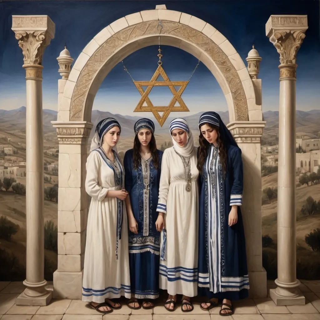 Prompt: in the style of detailed 19th century romantic painting, elaborate embroided dark blue modest fringed dusty white dress with jewish symbols, torah ark covering, fountains of tears, 2 sad olive skin jewish women crying, with jewish turban  clothes with blue jewish stripes and fringes and black leather bands, brown leather sandals, 2 jewish women mourning in Tiberias, detailed art jewish symbols menorah arch gate, ancient civilization, jewish art, fringes, cultic, rituals,  gemstones, mirrors, crystals, water, jewish banners, biblical cermony, pool on a hilltop, in the style of a 19th century detailed european romantic painting
 
