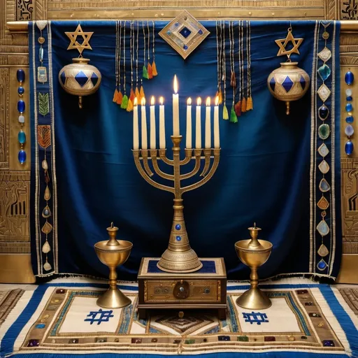 Prompt: elaborate embroided dark blue modest fringed dusty white dress with jewish symbols, torah ark covering, olive skin unhappy jewish couple with headwrap, kippa,  and dark curly hair, jewish sidelocks, clothes with blue jewish stripes and fringes and black leather bands, brown leather sandals, man and woman is in jerusalem detailed holy valves, several menorahs on floor, jewel crystals, gold fountain jewish symbols several small menorahs standing,  ancient civilization, 5 menorahs on the floor jewish art, fringes, several 7 armed candle menorah standing, palms trees, flowers, cultic, rituals, holding a papyrus scroll, mikve, fountain, spring pool, gemstones, biblical immersion pool, baptism in pool, more menorah on the floor, in the style of a 19th century european realist painting 
