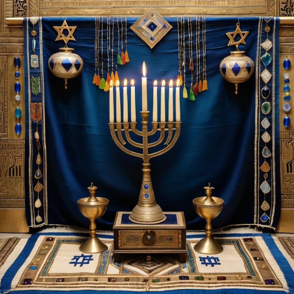 Prompt: elaborate embroided dark blue modest fringed dusty white dress with jewish symbols, torah ark covering, olive skin unhappy jewish couple with headwrap, kippa,  and dark curly hair, jewish sidelocks, clothes with blue jewish stripes and fringes and black leather bands, brown leather sandals, man and woman is in jerusalem detailed holy valves, several menorahs on floor, jewel crystals, gold fountain jewish symbols several small menorahs standing,  ancient civilization, 5 menorahs on the floor jewish art, fringes, several 7 armed candle menorah standing, palms trees, flowers, cultic, rituals, holding a papyrus scroll, mikve, fountain, spring pool, gemstones, biblical immersion pool, baptism in pool, more menorah on the floor, in the style of a 19th century european realist painting 
