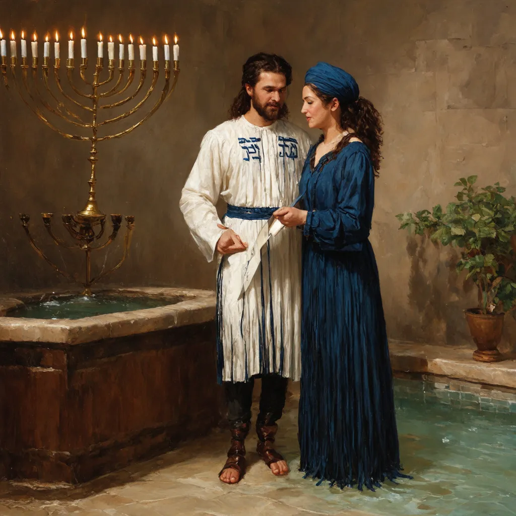 Prompt: elaborate embroided dark blue modest fringed dusty white dress with jewish symbols, torah ark covering, olive skin unhappy jewish couple with headwrap, kippa, and dark curly hair, jewish sidelocks, clothes with blue jewish stripes and fringes and black leather bands, brown leather sandals, man and woman is in jerusalem detailed holy valves dark wood gold fountain jewish symbols menorah, ancient civilization, jewish art, fringes, holding 7 armed candle menorah in left hand and bronze knife in right hand, cultic, rituals, holding a papyrus scroll, mikve, fountain, spring pool, gemstones, biblical immersion pool, baptism in pool, in the style of a 19th century european realist painting
