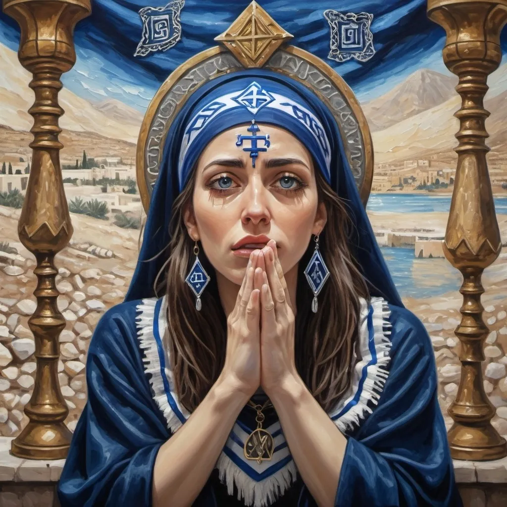 Prompt: elaborate painting embroided dark blue modest fringed spiritual jewelry fringes white with jewish symbols on jewish woman crying tears magic fringes bandana, eyes torah ark covering, smoke and steam coming from pottery ,meditation, , elaborate, eyes, jewish, crystals growing, detailed, incense embroided, black jewish stripes and fringes and on women fringes, big columns, brown leather , in Jerusalem and dead sea, detailed holy valves,, hebrew crystals, fountain jewish symbols, ancient civilization, jewelry, shield and sword, jewish art, fringes, flowers, cultic, rituals, dead sea view, mikve, fountain, visual illusions, spring pool, sunny day, menorah, illusion, smoke, hypnotic, gemstones, sculpture, biblical immersion pool, crystals, female warrior, praying jews, pomegranate tree, mystery, next to the dead sea, landscape view,, in the style of a impressionist monet painting, in the style of a van gogh
