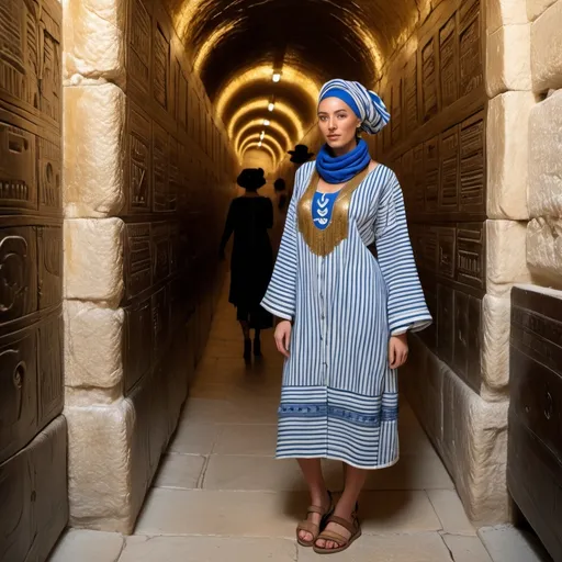 Prompt: elaborate embroided dark modest clothing with jewish symbols, torah ark covering, olive skin women with headwrap and dark hair. clothes blue jewish stripes and fringes, leather sandals with socks, women is in jerusalem western wall holy valves dark wood gold,  ancient civilization
